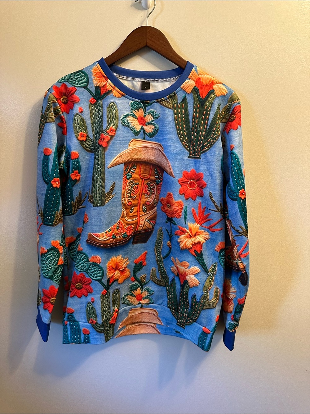 #376 Blue Crewneck Sweater with Western Boot & Cactus Print